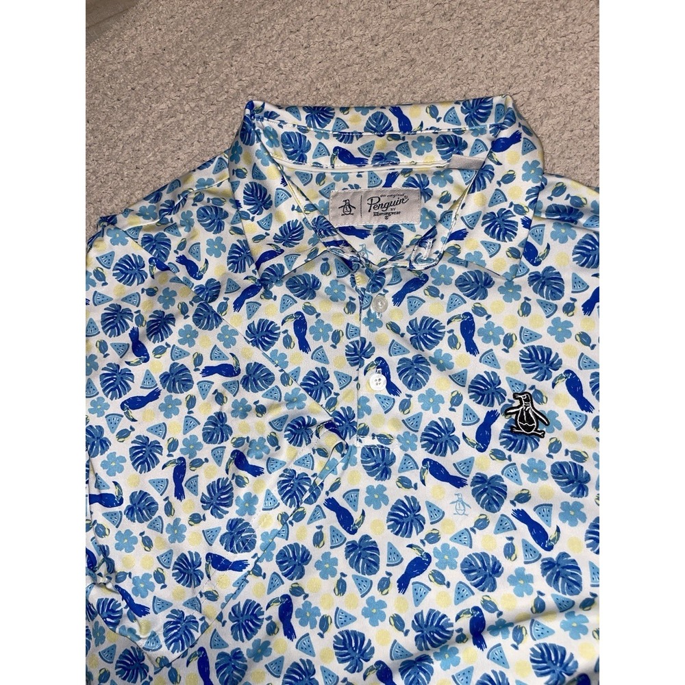 Penguin Munsingwear Men's Size Large L Golf Polo Shirt Tropical All Over Spandex